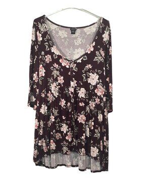 Torrid Womens Tunic Dress Burgundy Floral Size 4 Stretch Jersey 3/4 Sleeve